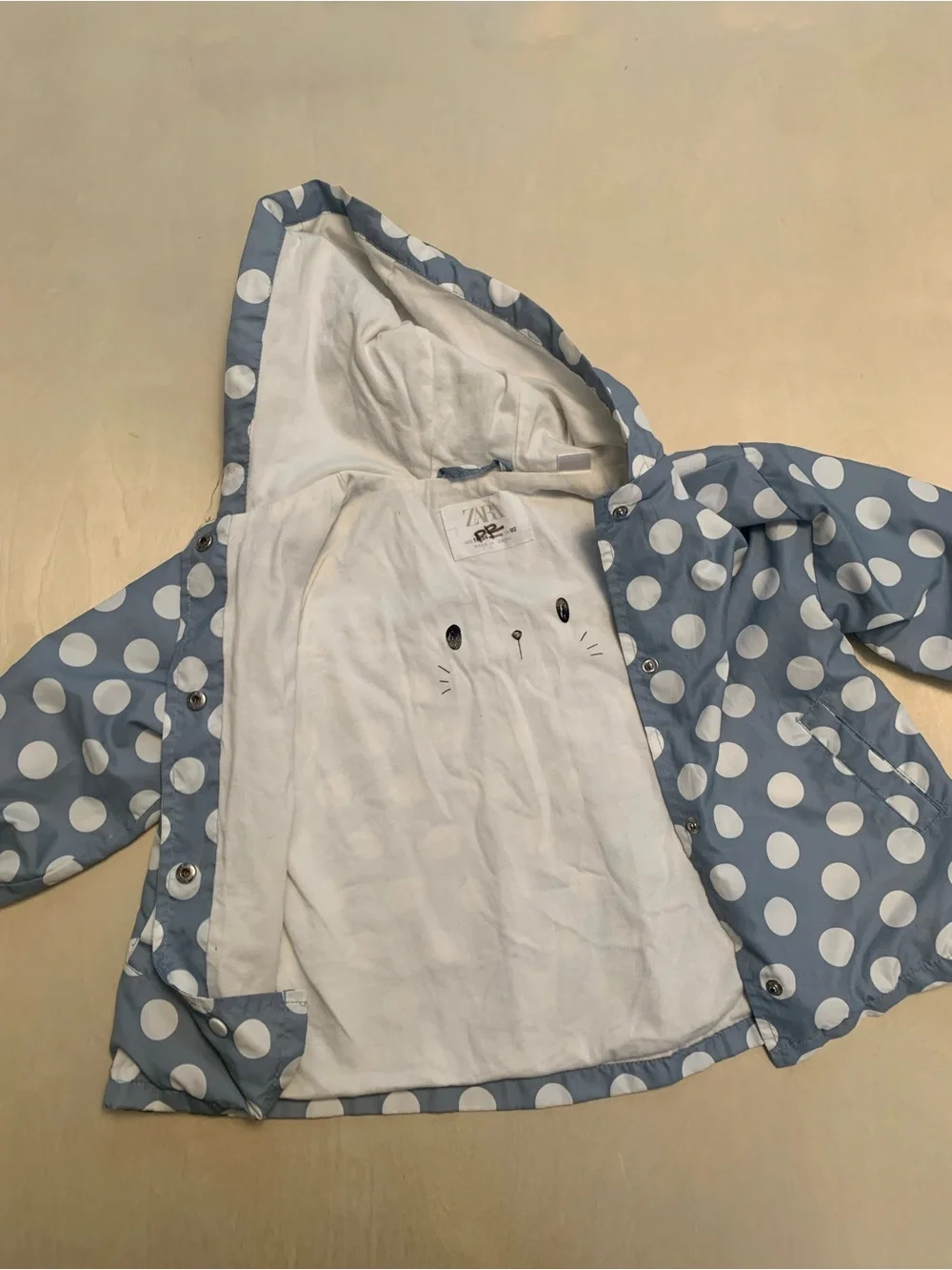 Kids Zara Blue & White Polka Dot Hooded Windbreaker Jacket, Size 18-24 Months